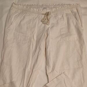 Roxy White Linen Wide Leg Pants EUC Tie Waist Band Side Pockets Size Large